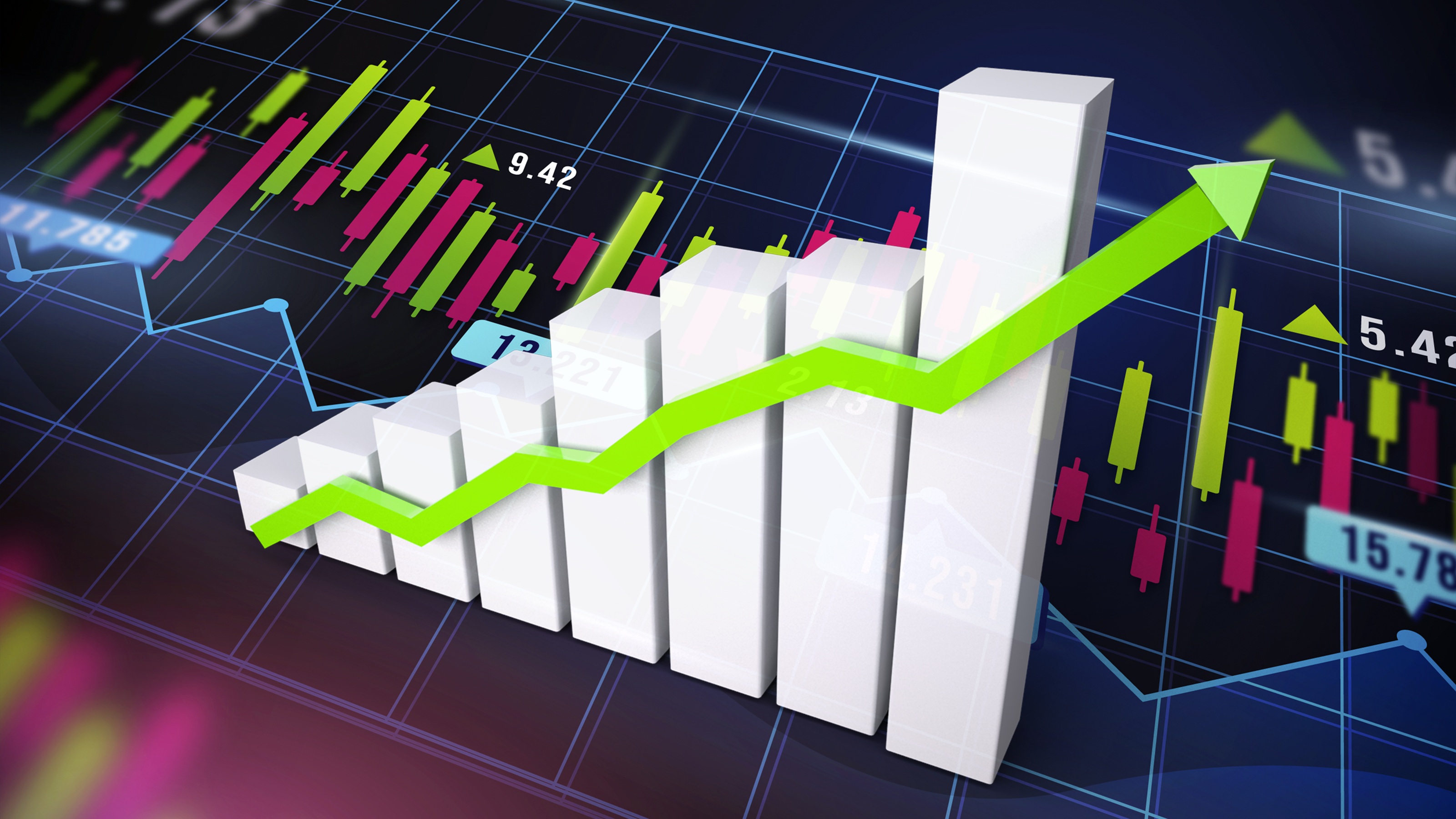 A green bar graph showing steady growth against a digitized grid background.