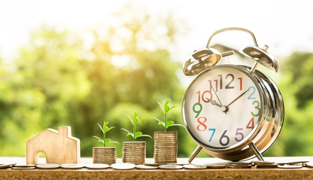 A small green plant growing out of a stack of coins, representing financial growth and ROI.