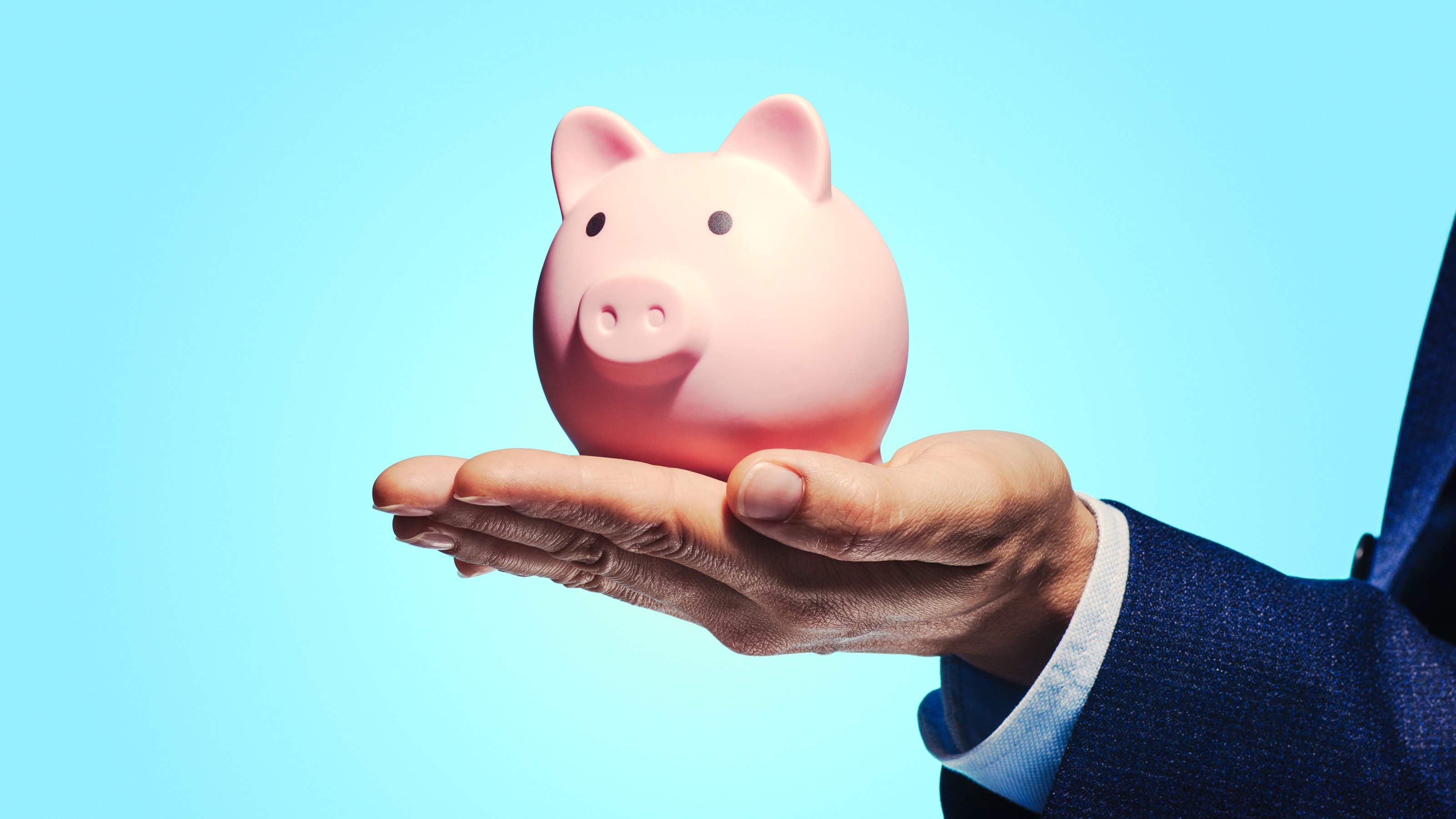 A person's hand supporting a ceramic piggy bank.