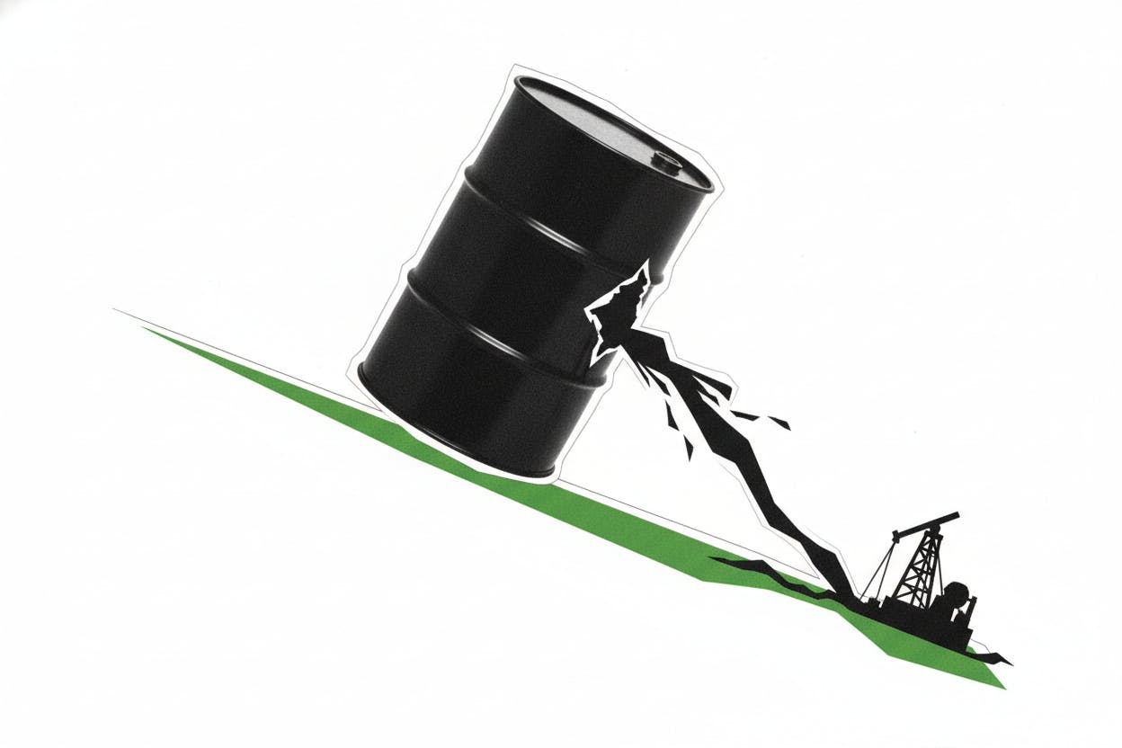 A graph showing the downward trajectory of oil prices and the corresponding move in energy stocks.