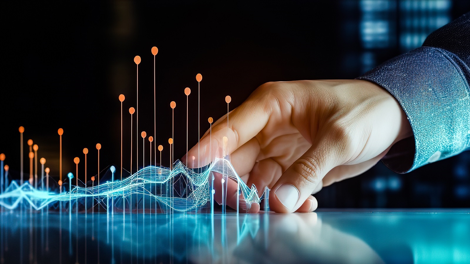 A professional male hand interacting with a glowing upward-trending digital financial graph.