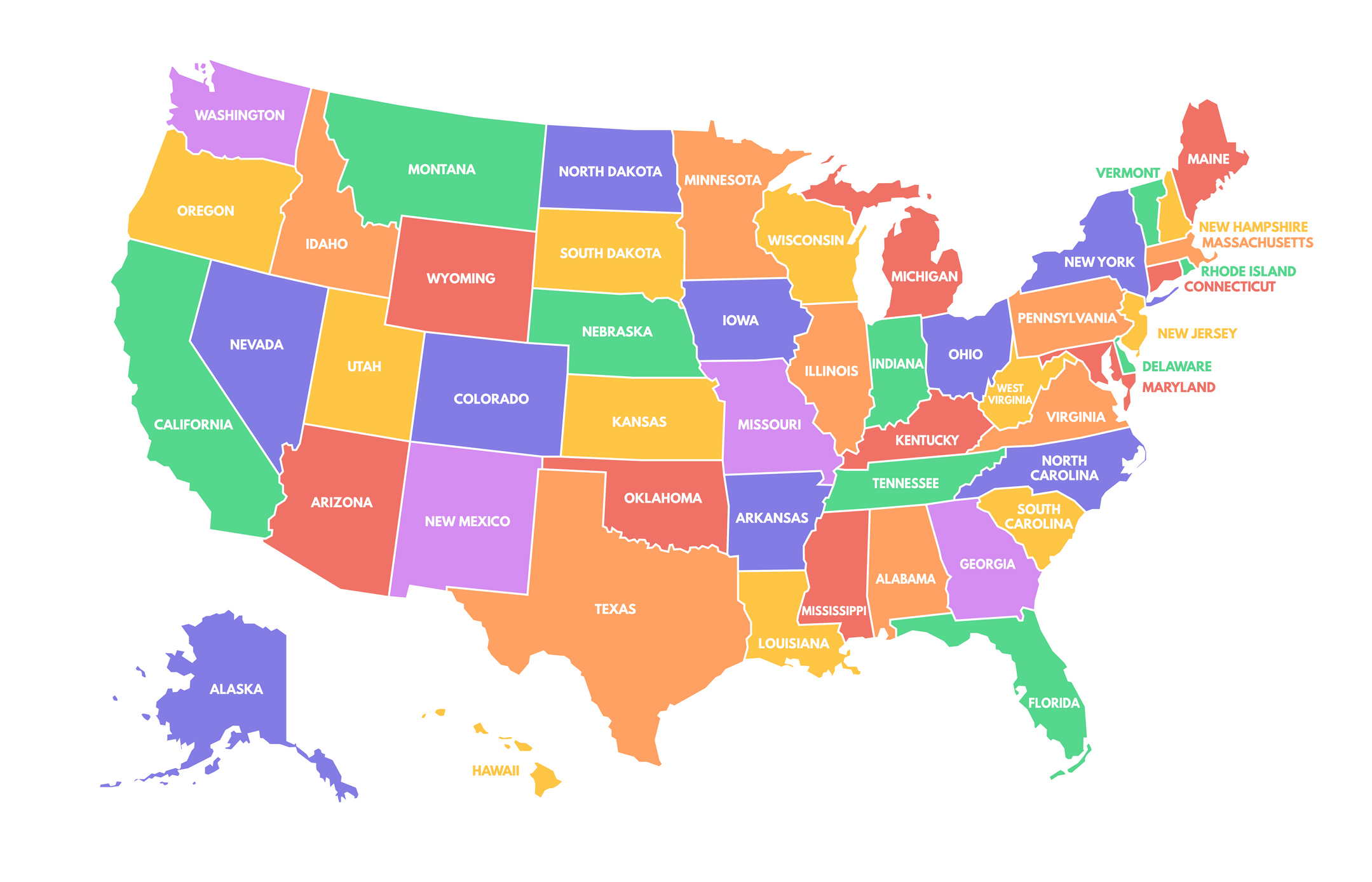 A colorful map of the United States illustrating different states and regions.