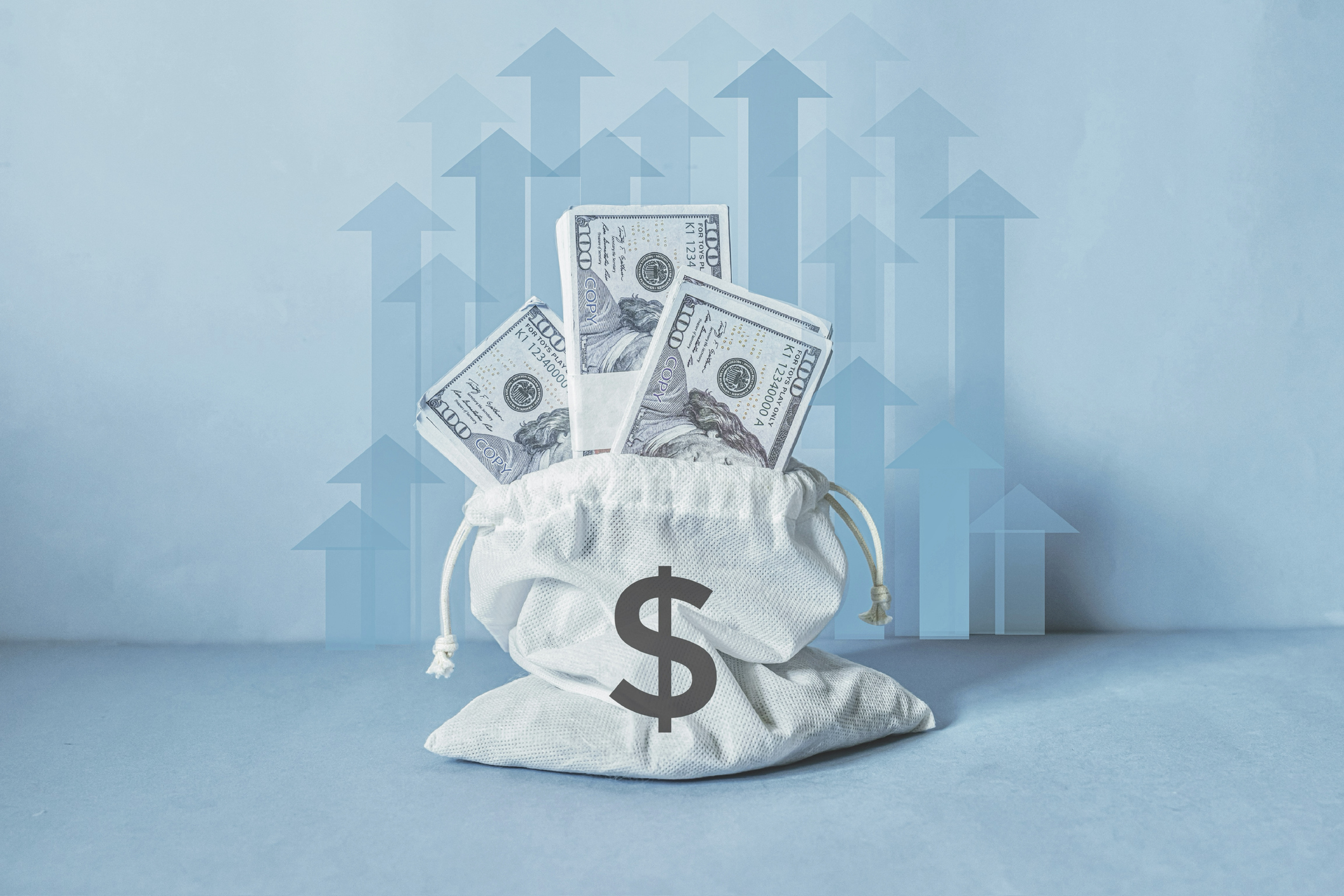 A cloth bag filled with US dollar bills representing accumulated retirement income.