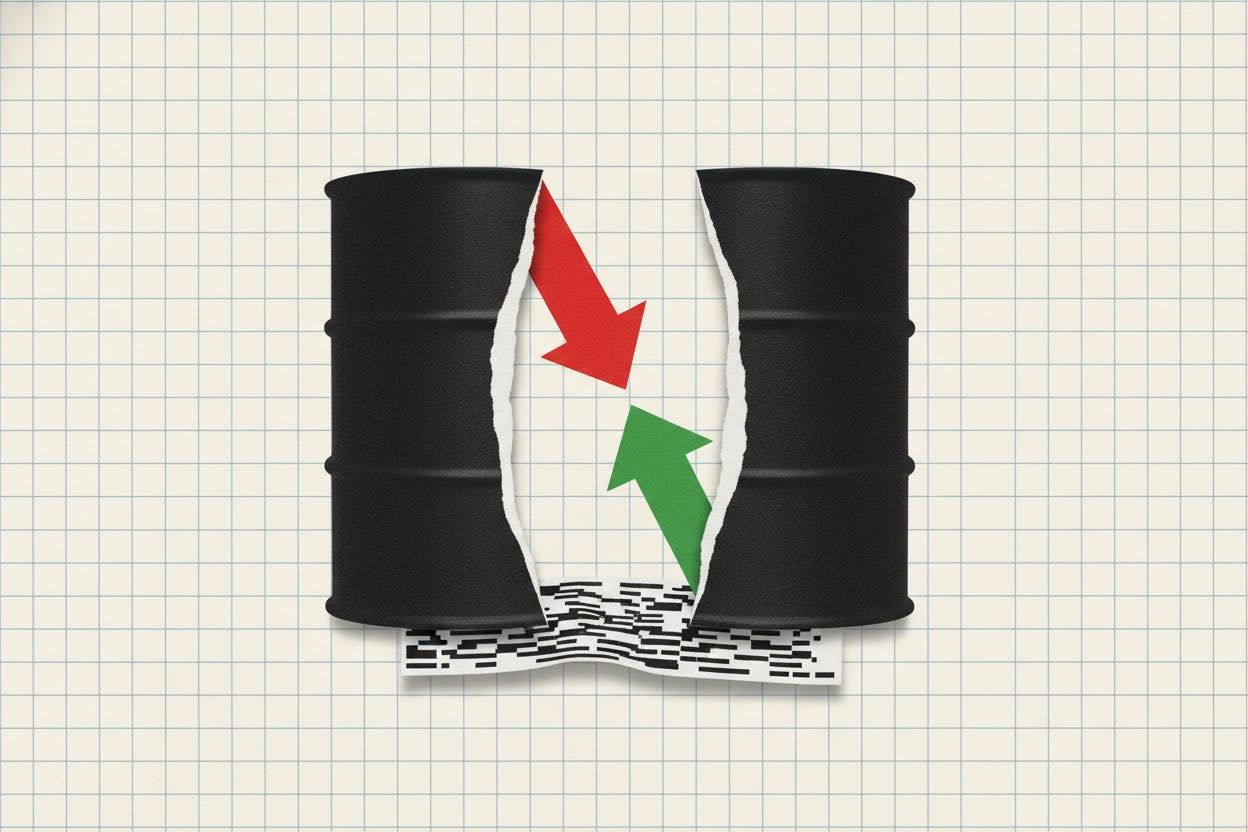 Financial graphic showing energy stocks sliding as oil prices diverge.