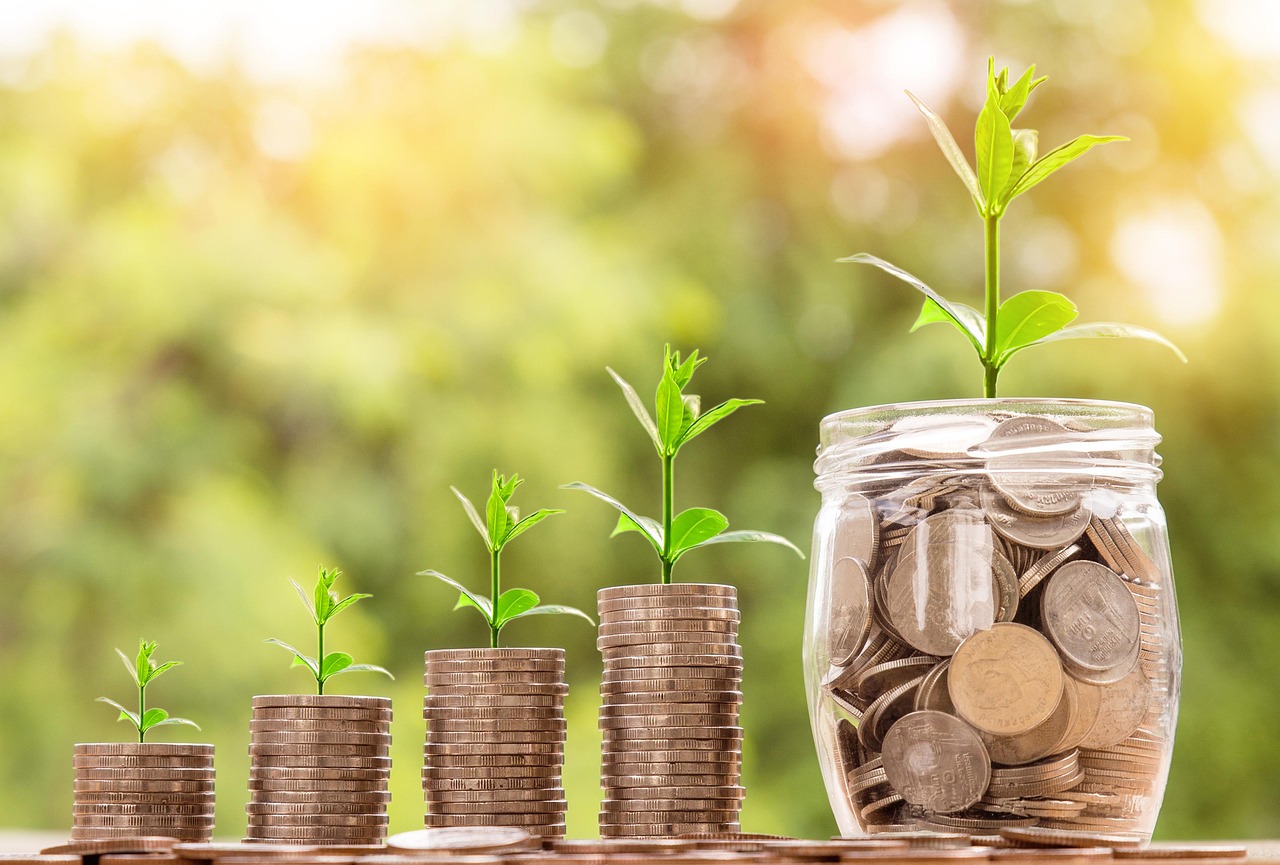 A small plant growing out of a pile of coins next to a piggy bank.
