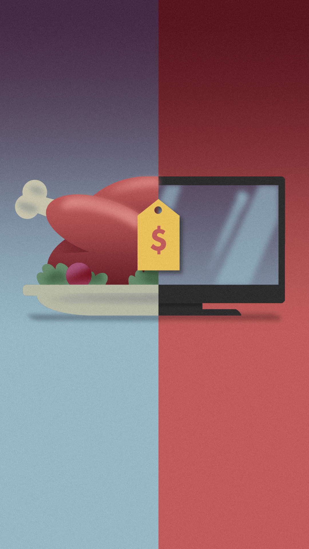 A split-frame comparison of a modern 42-inch television and a gourmet restaurant dinner.