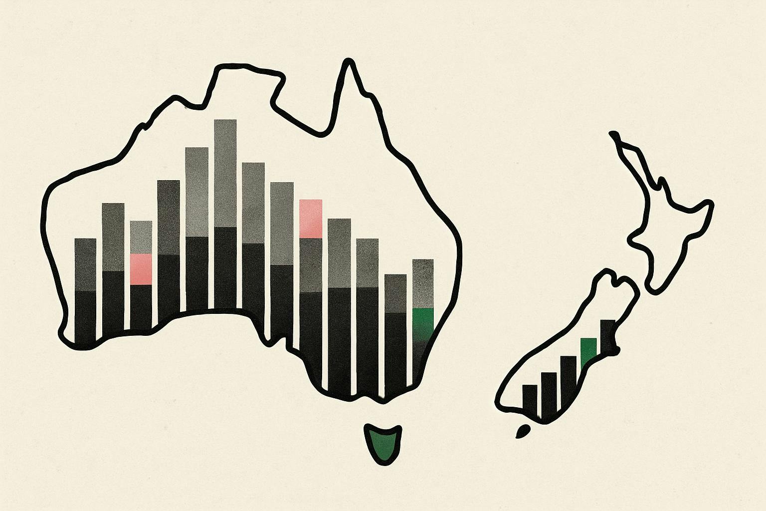 Financial monitor showing Australian stock categories with declining valuation indicators.