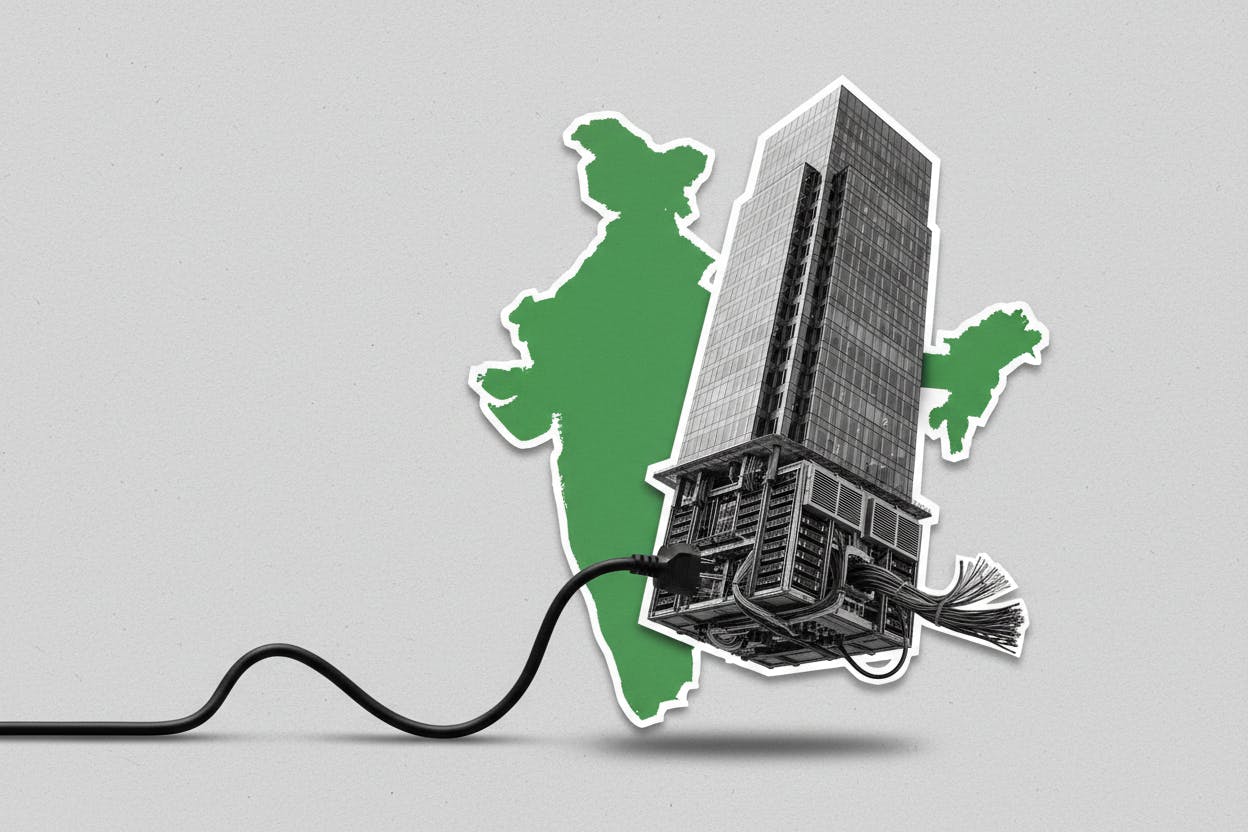 Graphic displaying the text RMZ Plans A $35 Billion Push Into India’s Data Centers over a digital infrastructure background.