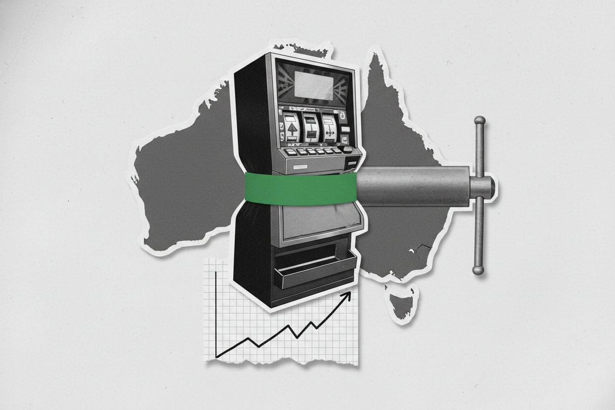 Infographic showing cooling EGM spending growth trends in Victoria and Queensland for 2026.