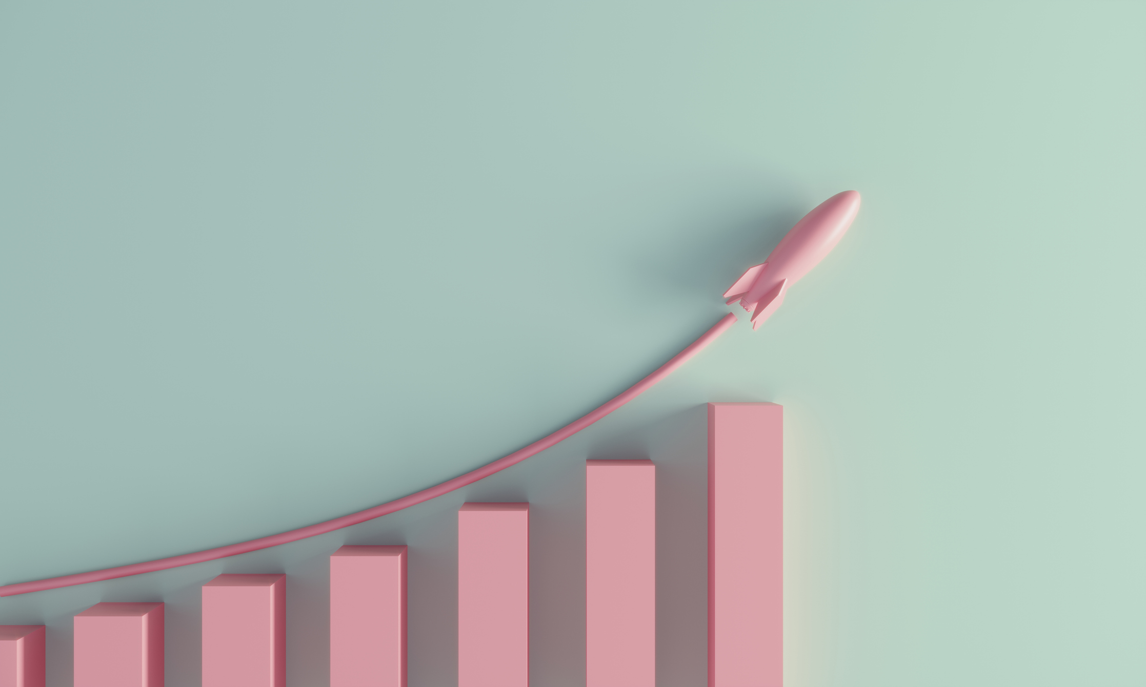 Infographic showing rising pink bars with a rocket icon accelerating upwards.