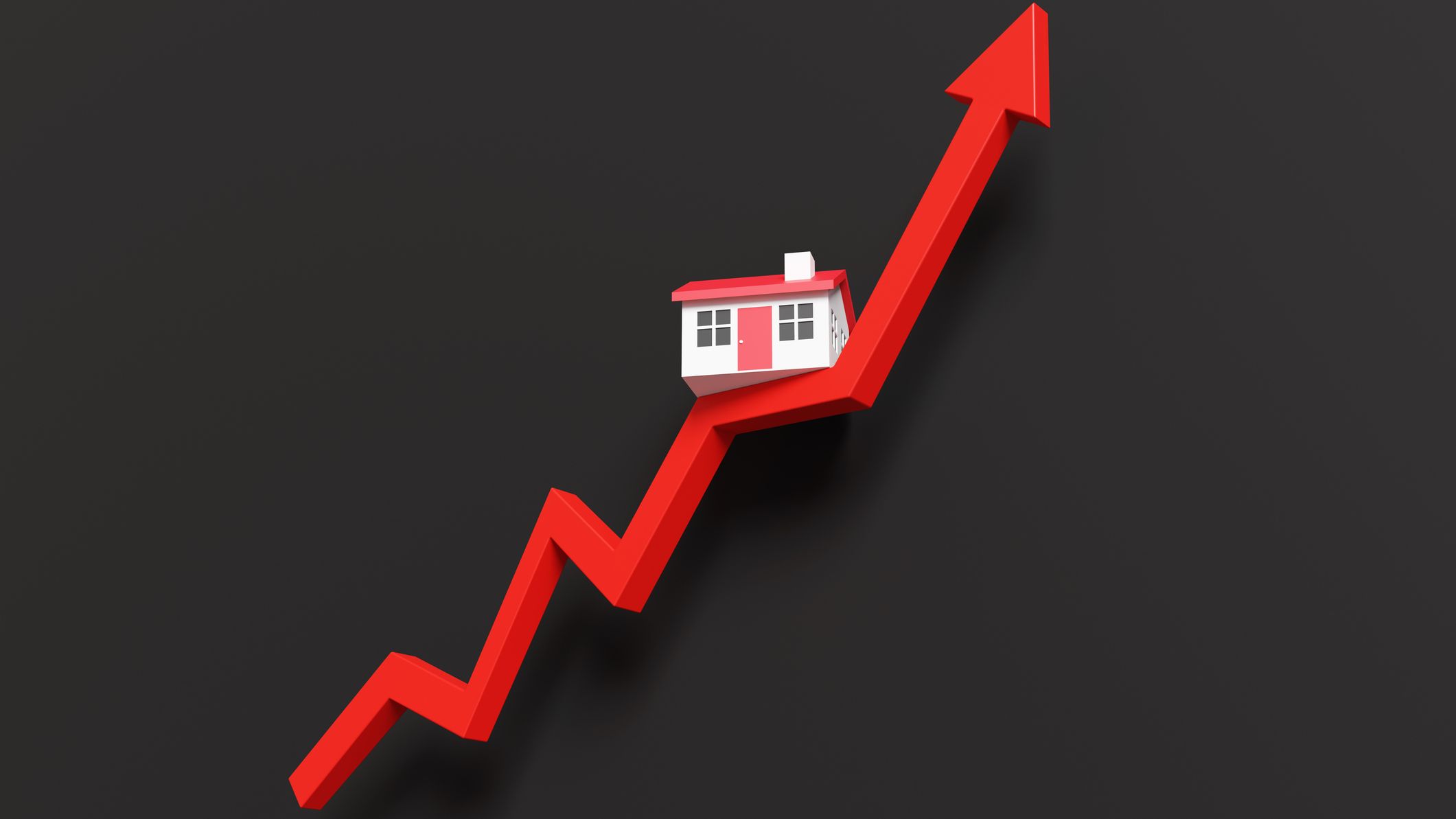 A small model house resting on a rising red arrow against a dark background.