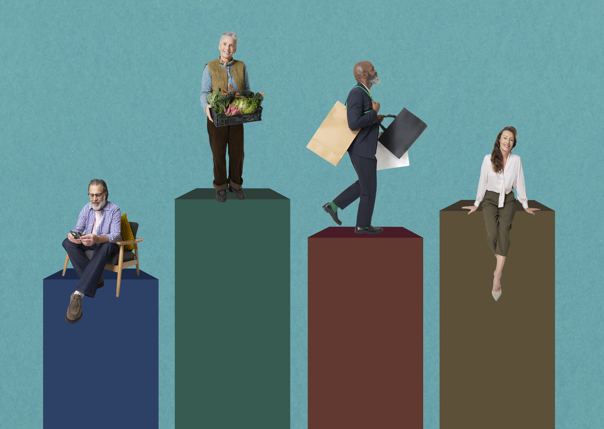 Four mature adults standing on a bar graph that visualizes varying levels of financial stability.