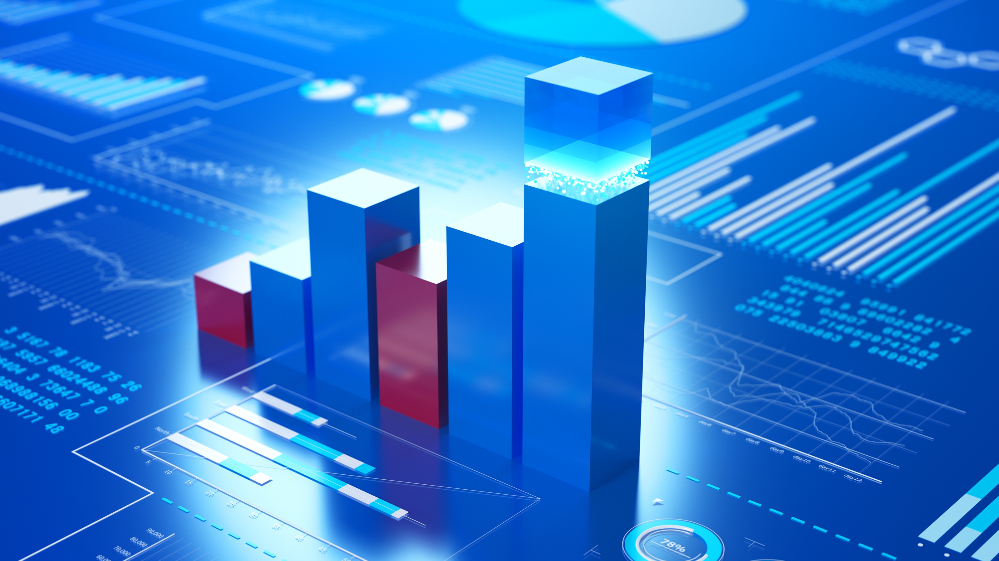 A 3D bar chart visualization with six red and blue columns against a blue digital backdrop.